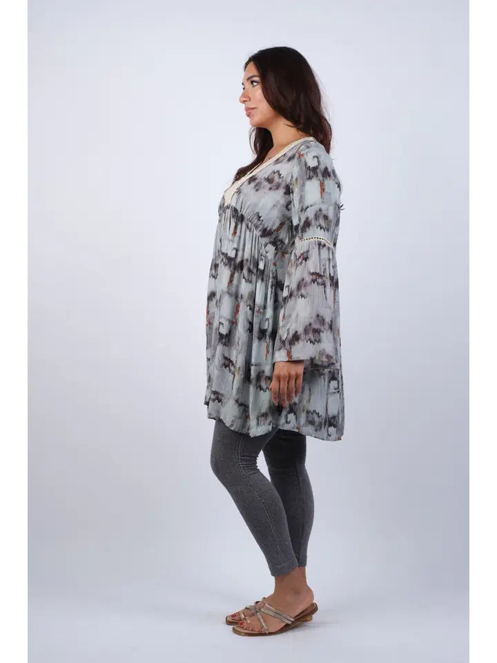 Abstract Gray Tunic with Flared Sleeves