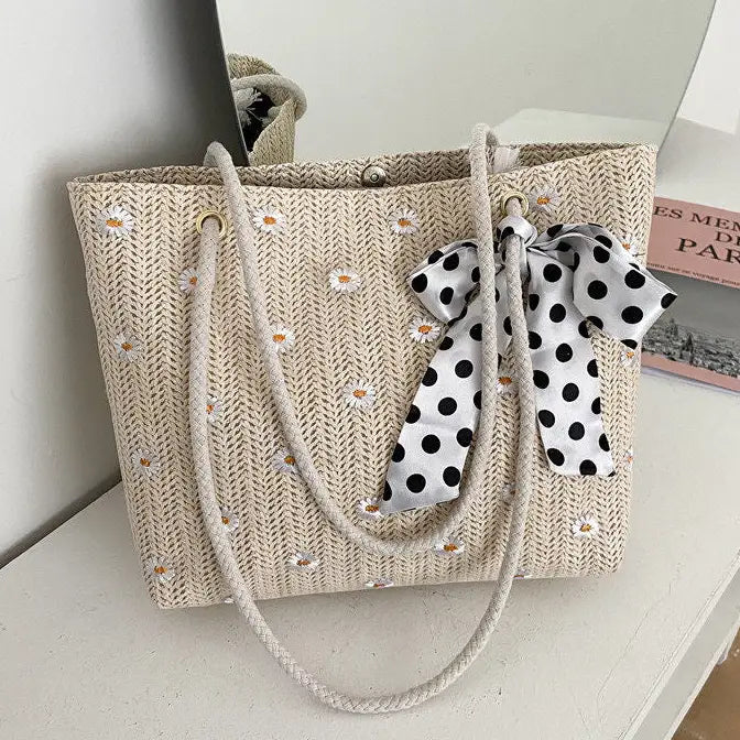 Flower Decorated Straw Tote Bag: KHAKI