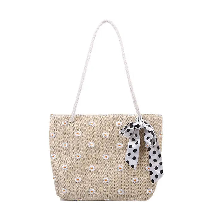 Flower Decorated Straw Tote Bag: KHAKI