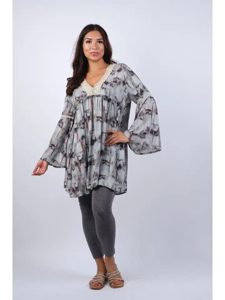 Abstract Gray Tunic with Flared Sleeves