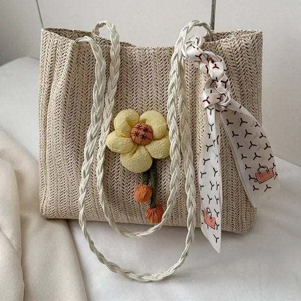 Floral Embroidered Straw Tote Bag: KHAKI