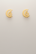 A pair of gold crescent moon stud earrings featuring an interlocking treble clef symbol, displayed on a clean, light gray background.