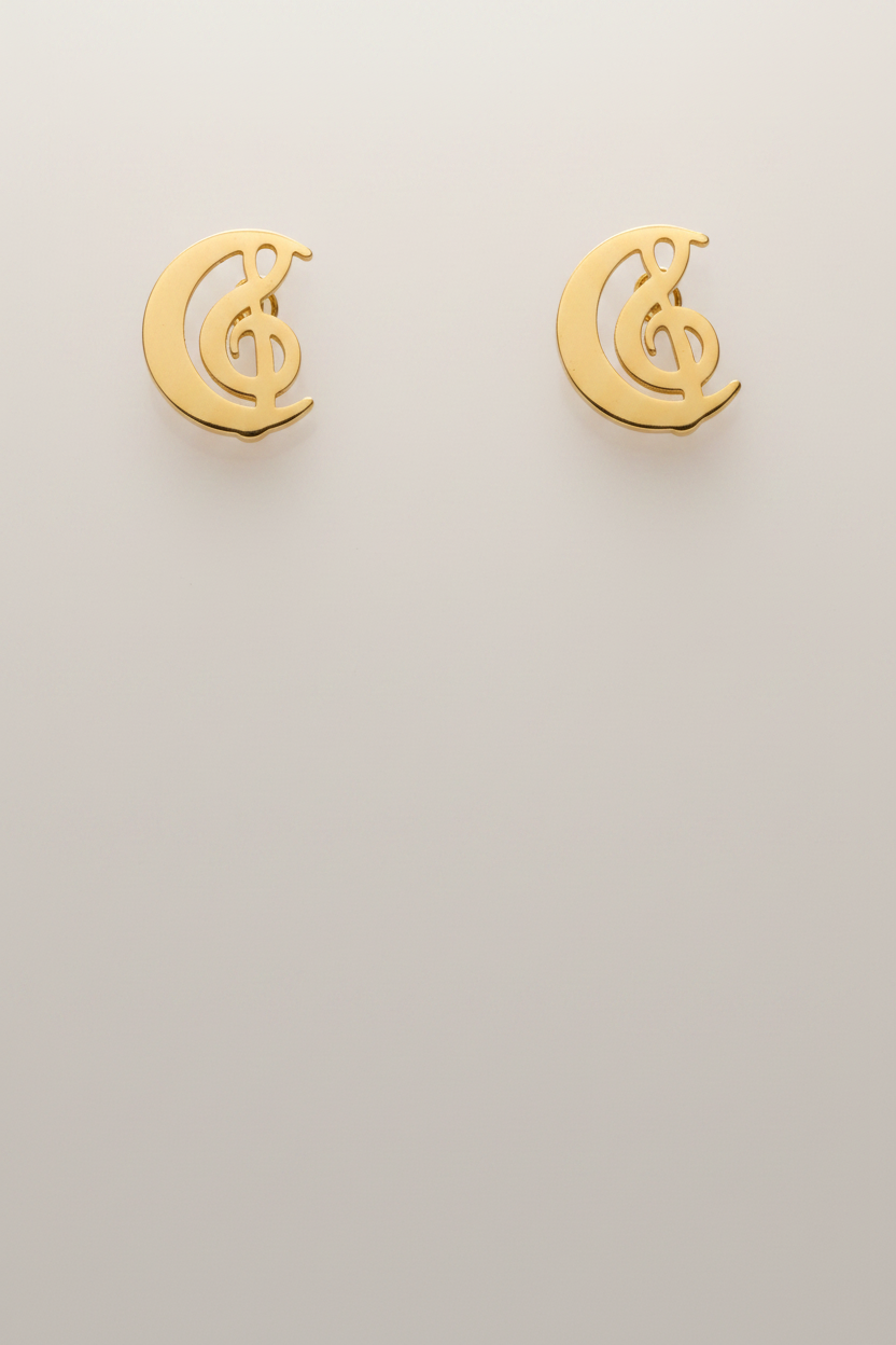 A pair of gold crescent moon stud earrings featuring an interlocking treble clef symbol, displayed on a clean, light gray background.