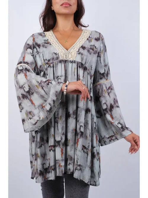 Abstract Gray Tunic with Flared Sleeves