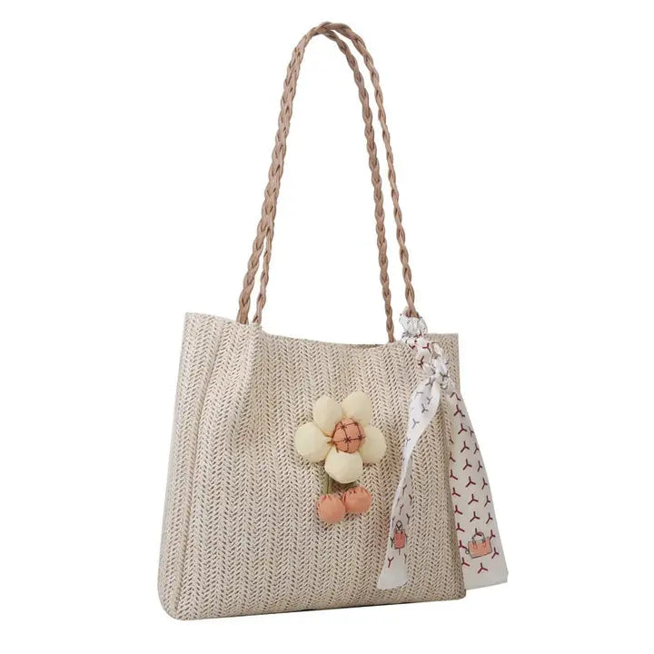 Floral Embroidered Straw Tote Bag: KHAKI