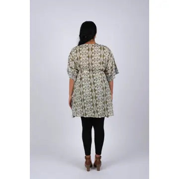 Back view of olive green Aztec ikat print kaftan showing gathered waist detail