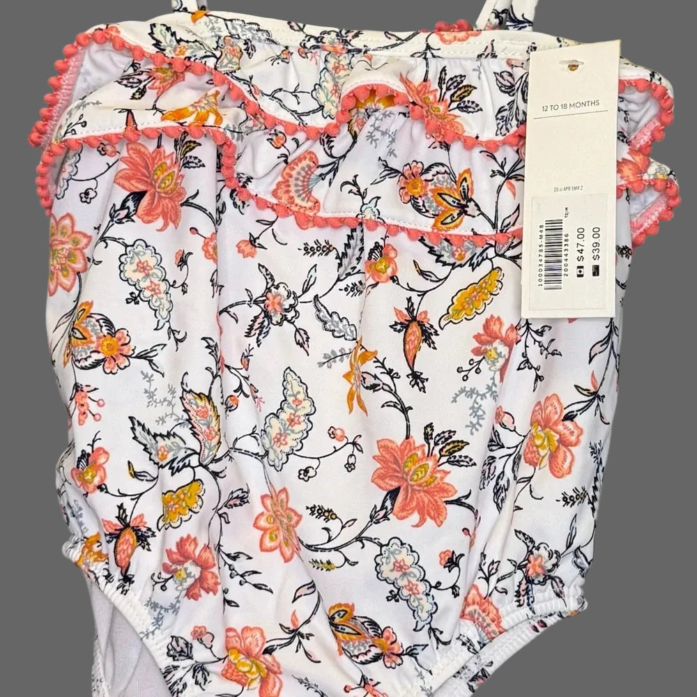 Janie and Jack Floral Ruffle One-Piece Swimsuit – White & Pink