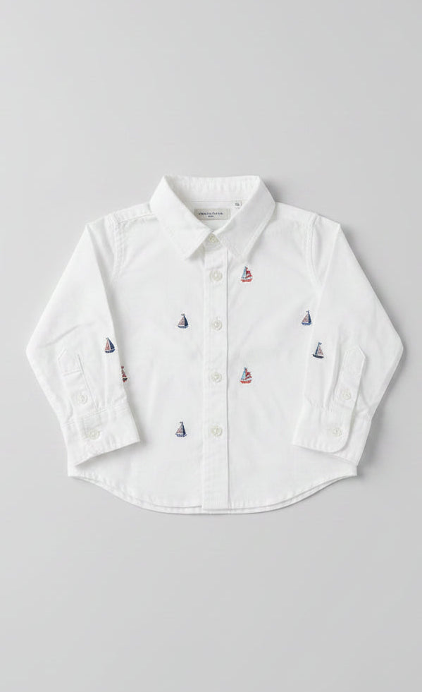 Janie and Jack White Button Down Shirt with Nautical Embroidery