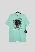 Mint green t-shirt with a panther graphic on a hanger against a reflective surface.
