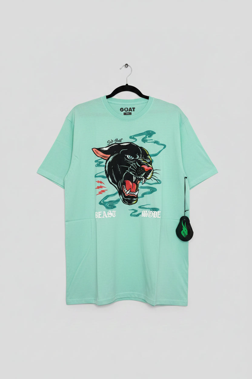 Mint green t-shirt with a panther graphic on a hanger against a reflective surface.