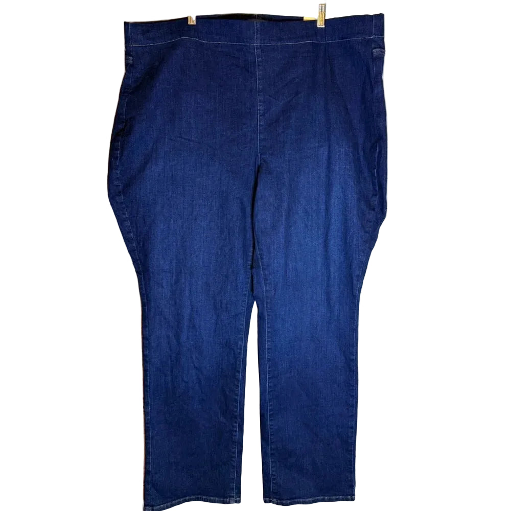 Blue jeans hanging on a wooden rack against a light wooden panel background