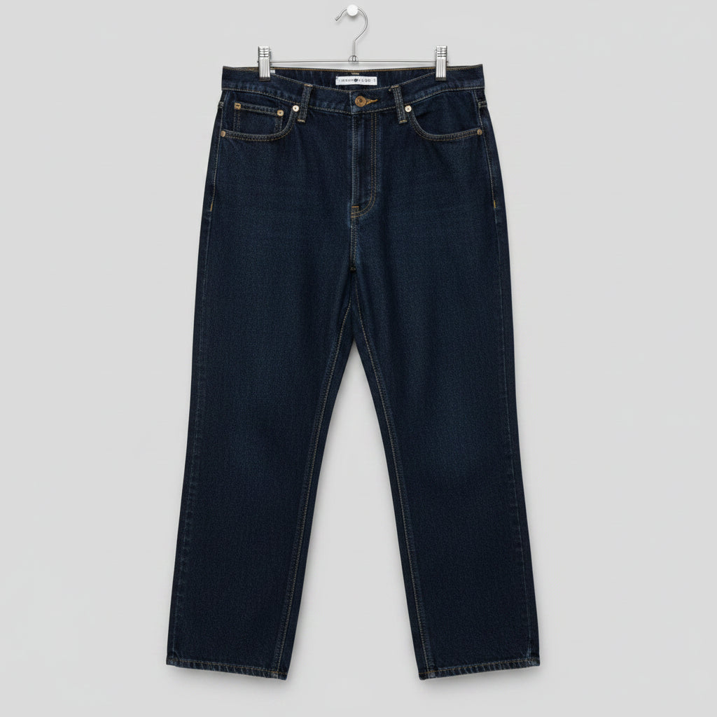 Pair of dark blue jeans hanging on a wooden surface
