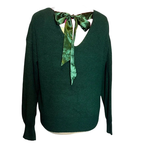 Cupshe deep green V-neck sweater with ribbon tie back, long sleeves, and soft knit fabric, displayed on a hanger.