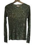 Black sequin sweater on a hanger against a white background