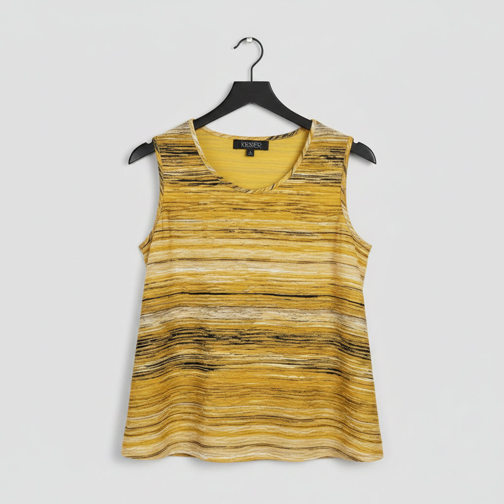 A sleeveless yellow top with horizontal black and white wavy stripes, hanging on a black hanger against a light gray wood-plank background.