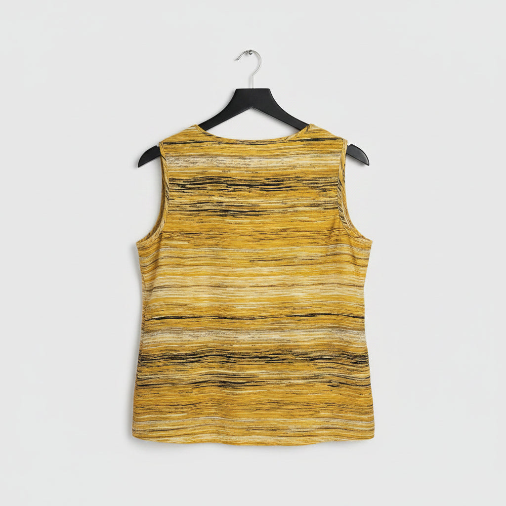 A sleeveless yellow and black striped tank top hanging on a black hanger against a light gray wood plank background.