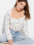 Wild Fable White and Blue Floral Print Smocked Crop Top Blouse - Women's Size Small