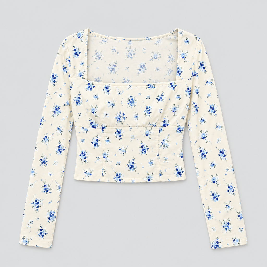 Wild Fable White and Blue Floral Print Smocked Crop Top Blouse - Women's Size Small