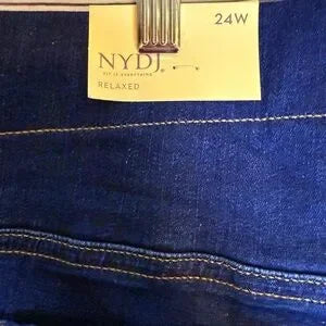Close-up of blue jeans with a NYDJ tag showing size 24W.