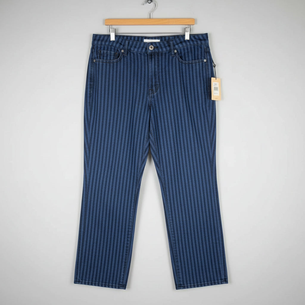 Blue striped pants on a wooden surface