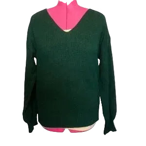Cupshe deep green V-neck sweater with ribbon tie back, soft knit fabric, long sleeves, stylish and cozy clothing for women.