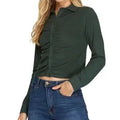 She + Sky green brushed knit top front view with shirring detail