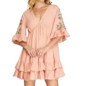 She + Sky light rose floral embroidery babydoll dress front view