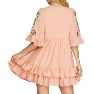 She + Sky light rose floral embroidery babydoll dress back view