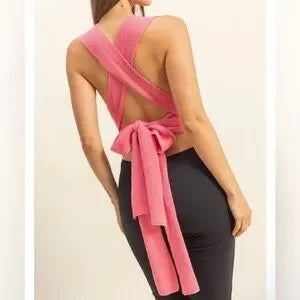 HYFVE pink ribbed knit halter top open back with braided tie