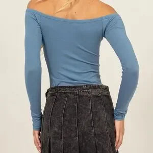 Double Zero off-the-shoulder gray-blue bodysuit back view