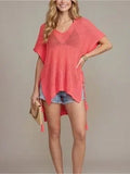 She + Sky Coral Open-Knit V-Neck Swim Cover-Up