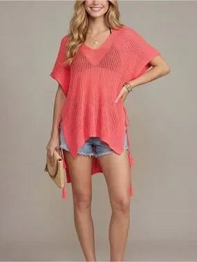 She + Sky Coral Open-Knit V-Neck Swim Cover-Up